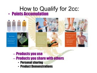 How to Qualify for 2cc:
• Points Accumulation




  – Products you use
  – Products you share with others
     • Personal sharing
     • Product Demonstrations
 