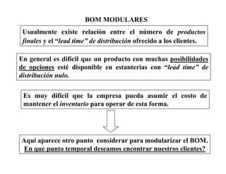 BOM MODULARES
Usualmente existe relación entre el número de productos
finales y el “lead time” de distribución ofrecido a los clientes.
Es muy difícil que la empresa pueda asumir el costo de
mantener el inventario para operar de esta forma.
Aquí aparece otro punto considerar para modularizar el BOM.
En que punto temporal deseamos encontrar nuestros clientes?
En general es difícil que un producto con muchas posibilidades
de opciones esté disponible en estanterias con “lead time” de
distribución nulo.
 