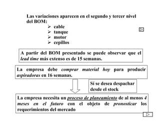 Las variaciones aparecen en el segundo y tercer nivel
del BOM:
cable
tanque
motor
cepillos
A partir del BOM presentado se puede observar que el
lead time más extenso es de 15 semanas.
La empresa debe comprar material hoy para producir
aspiradoras en 16 semanas.
La empresa necesita un proceso de planeamiento de al menos 4
meses en el futuro con el objeto de pronosticar los
requerimientos del mercado
Sí se desea despachar
desde el stock
 