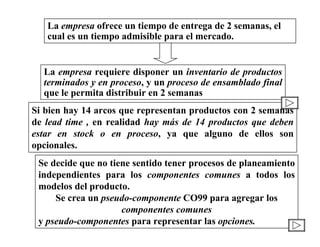 La empresa ofrece un tiempo de entrega de 2 semanas, el
cual es un tiempo admisible para el mercado.
La empresa requiere disponer un inventario de productos
terminados y en proceso, y un proceso de ensamblado final
que le permita distribuir en 2 semanas
Si bien hay 14 arcos que representan productos con 2 semanas
de lead time , en realidad hay más de 14 productos que deben
estar en stock o en proceso, ya que alguno de ellos son
opcionales.
Se decide que no tiene sentido tener procesos de planeamiento
independientes para los componentes comunes a todos los
modelos del producto.
Se crea un pseudo-componente CO99 para agregar los
componentes comunes
y pseudo-componentes para representar las opciones.
 