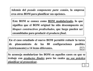 Además del pseudo componente parte común, la empresa
crea otros BOM para planificar sus opciones.
Este BOM se conoce como BOM modularizado, lo que
significa que el BOM original ha sido descompuesto en
bloques constructivos prediseñados, que luego pueden ser
ensamblados para producir el producto final.
Se aconseja modularizar los BOM en aquellos casos en que se
trabaje con productos finales para los cuales no sea práctico
planificar ni pronosticar.
En el caso estudiado el nuevo BOM permitió reducir la tarea
de planeamiento de las 80 configuraciones posibles
(teóricamente) a 14 items diferentes.
 