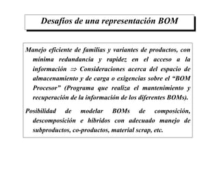 Desafíos de una representación BOM
Manejo eficiente de familias y variantes de productos, con
mínima redundancia y rapidez en el acceso a la
información ⇒ Consideraciones acerca del espacio de
almacenamiento y de carga o exigencias sobre el “BOM
Procesor” (Programa que realiza el mantenimiento y
recuperación de la información de los diferentes BOMs).
Posibilidad de modelar BOMs de composición,
descomposición e híbridos con adecuado manejo de
subproductos, co-productos, material scrap, etc.
 