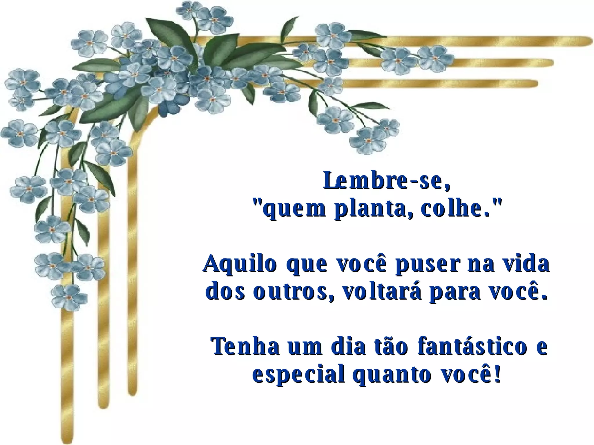      Lembre-se,  "quem planta, colhe."  Aquilo que você puser na vida dos outros, voltará para você.   Tenha um dia tão fantástico e especial quanto você! 