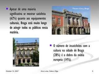 Apesar de uma maioria significativa se mostrar satisfeita (62%) quanto aos equipamentos culturais, Braga está muito longe de atingir todos os públicos nesta matéria. O número de insatisfeitos com a cultura na cidade de Braga (28%) é o dobro da média europeia (14%).   Livraria Centésima Página, Braga Theatro Circo, Braga 