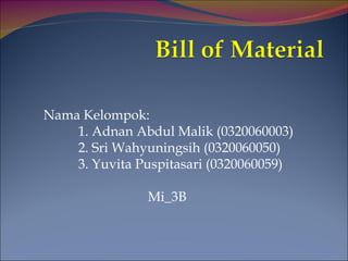 Nama Kelompok: 1. Adnan Abdul Malik (0320060003) 2. Sri Wahyuningsih (0320060050) 3. Yuvita Puspitasari (0320060059) Mi_3B 