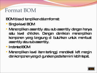 BOM bisa di tampilkan dalam format: Single-level BOM Menampilkan assembly atau sub assembly dengan hanya satu level children. Dengan demikian menampilkan komponen yang langsung di butuhkan untuk membuat assembly atau sub assembly. Indented BOM Menampilkan level item tertinggi mendekati left margin dan komponen yang di gunakan pada item ini lebih tepat. Format BOM Home 