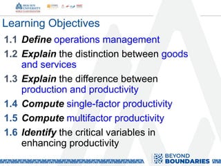 Learning Objectives
1.1 Define operations management
1.2 Explain the distinction between goods
and services
1.3 Explain the difference between
production and productivity
1.4 Compute single-factor productivity
1.5 Compute multifactor productivity
1.6 Identify the critical variables in
enhancing productivity
 