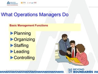 1 - 19
Copyright © 2017 Pearson Education, Ltd.
What Operations Managers Do
Basic Management Functions
▶Planning
▶Organizing
▶Staffing
▶Leading
▶Controlling
 