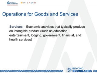 Operations for Goods and Services
Services – Economic activities that typically produce
an intangible product (such as education,
entertainment, lodging, government, financial, and
health services)
 