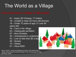 The World as a Village
If the world were a village of 100 people:
61 – Asian (20 Chinese, 17 Indian)
18 – Unable to read (33 have cell phones)
18 – Under 10 years of age (11 over 60
years old)
18 – Cars in the village
63 – Inadequate sanitation
67 – Non-Christian
30 – Unemployed or underemployed
53 – Live on less than $2 a day
26 – Smoke
14 – Obese
01 – Have AIDS
Source: David J. Smith and Shelagh Armstrong, If the World Were a
Village: A Book About the World’s People, 2nd ed. (Tonawanda, NY: Kids
Can Press, 2002)
 