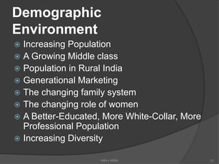 Demographic
Environment
 Increasing Population
 A Growing Middle class
 Population in Rural India
 Generational Marketing
 The changing family system
 The changing role of women
 A Better-Educated, More White-Collar, More
Professional Population
 Increasing Diversity
MBA-I MIBM 22
 