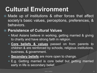 Cultural Environment
 Made up of institutions & other forces that affect
society’s basic values, perceptions, preferences, &
behaviors.
 Persistence of Cultural Values
 Most Asians believe in working, getting married & giving
to charity and have strong faith in religion.
 Core beliefs & values passed on from parents to
children & are reinforced by schools, religious institutions,
business, & government.
 Secondary beliefs are more open to change.
 E.g. Getting married is core belief but getting married
early in life is secondary belief.
30MBA-I MIBM
 