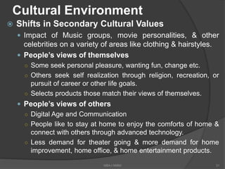 Cultural Environment
 Shifts in Secondary Cultural Values
 Impact of Music groups, movie personalities, & other
celebrities on a variety of areas like clothing & hairstyles.
 People’s views of themselves
○ Some seek personal pleasure, wanting fun, change etc.
○ Others seek self realization through religion, recreation, or
pursuit of career or other life goals.
○ Selects products those match their views of themselves.
 People’s views of others
○ Digital Age and Communication
○ People like to stay at home to enjoy the comforts of home &
connect with others through advanced technology.
○ Less demand for theater going & more demand for home
improvement, home office, & home entertainment products.
31MBA-I MIBM
 