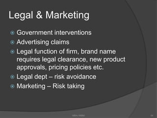 Legal & Marketing
 Government interventions
 Advertising claims
 Legal function of firm, brand name
requires legal clearance, new product
approvals, pricing policies etc.
 Legal dept – risk avoidance
 Marketing – Risk taking
MBA-I MIBM 59
 