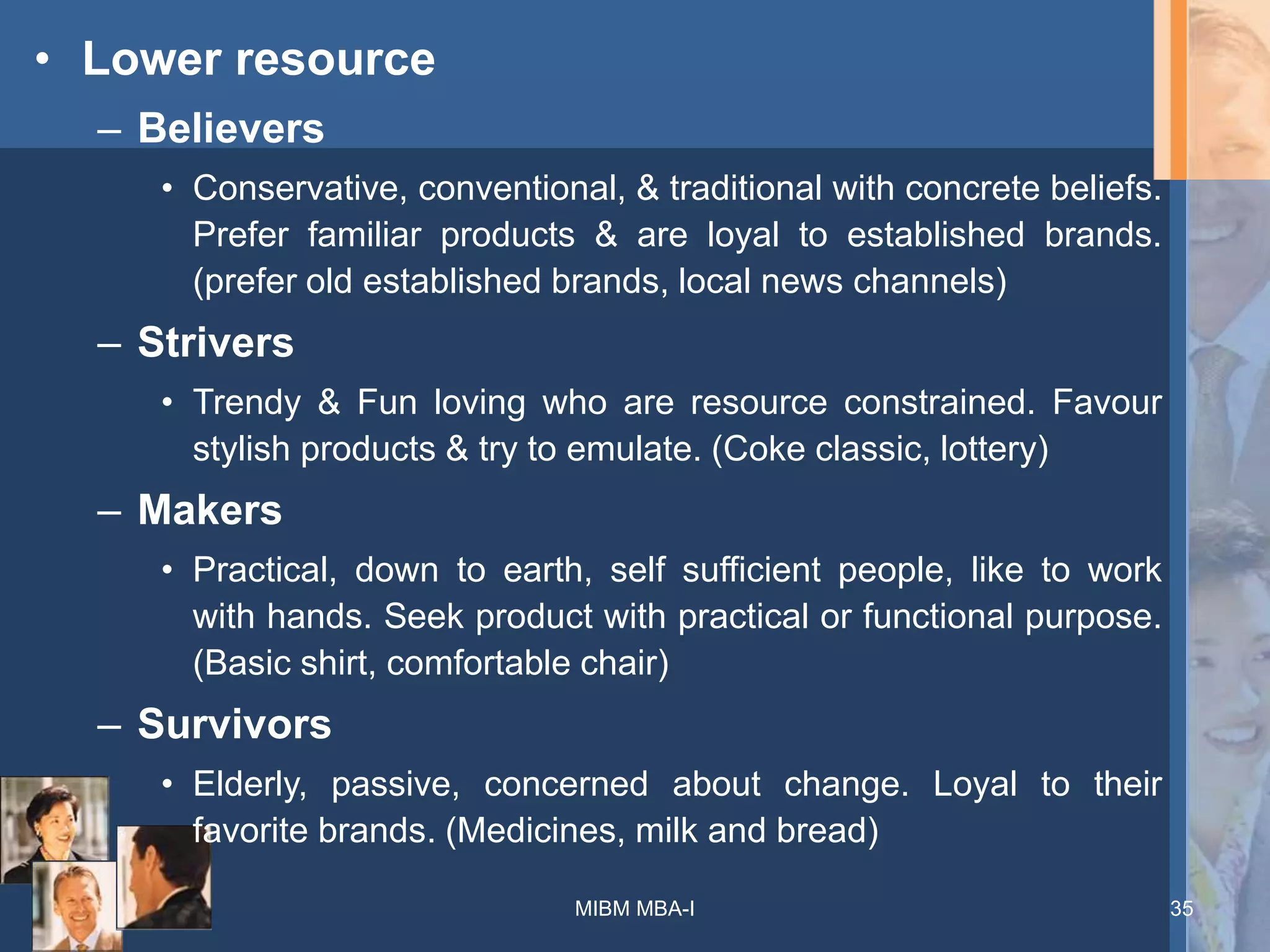 • Lower resource
– Believers
• Conservative, conventional, & traditional with concrete beliefs.
Prefer familiar products & are loyal to established brands.
(prefer old established brands, local news channels)
– Strivers
• Trendy & Fun loving who are resource constrained. Favour
stylish products & try to emulate. (Coke classic, lottery)
– Makers
• Practical, down to earth, self sufficient people, like to work
with hands. Seek product with practical or functional purpose.
(Basic shirt, comfortable chair)
– Survivors
• Elderly, passive, concerned about change. Loyal to their
favorite brands. (Medicines, milk and bread)
MIBM MBA-I 35
 
