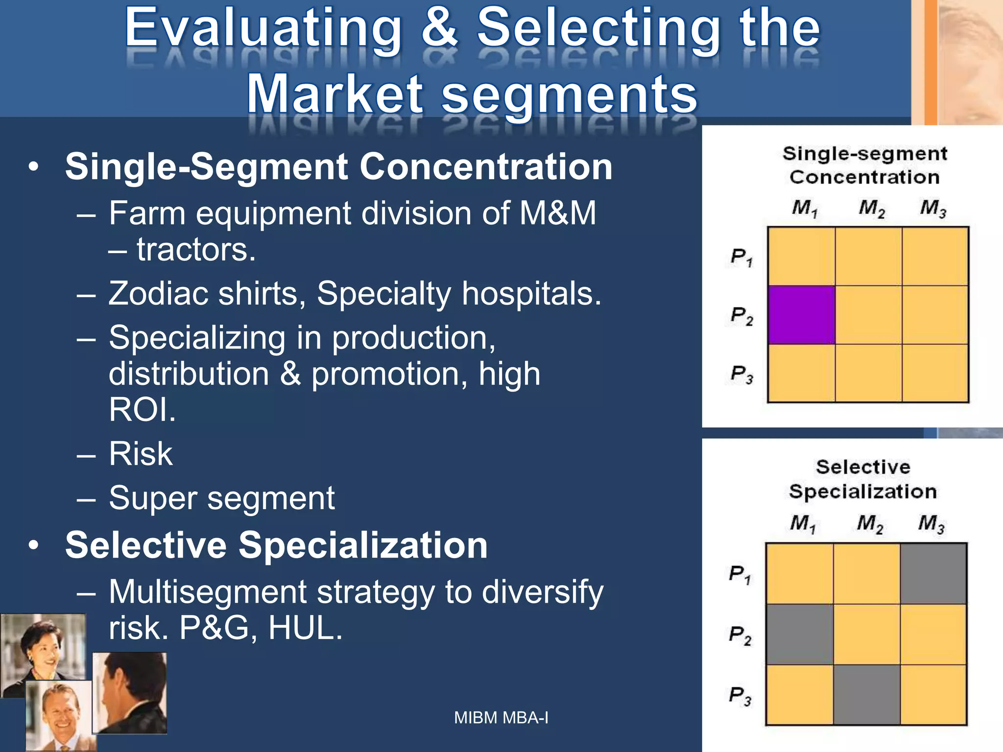 • Single-Segment Concentration
– Farm equipment division of M&M
– tractors.
– Zodiac shirts, Specialty hospitals.
– Specializing in production,
distribution & promotion, high
ROI.
– Risk
– Super segment
• Selective Specialization
– Multisegment strategy to diversify
risk. P&G, HUL.
MIBM MBA-I 51
 