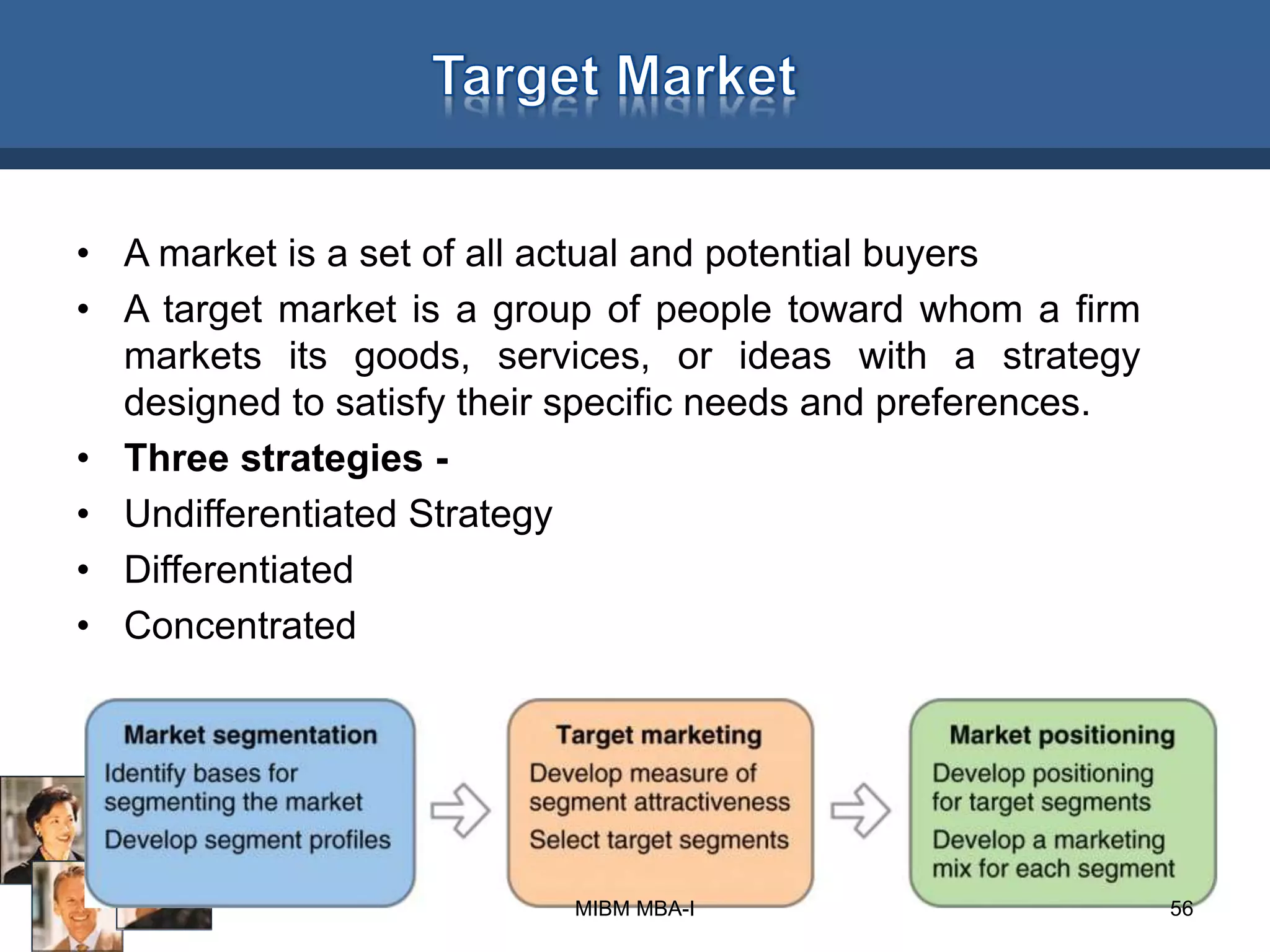 • A market is a set of all actual and potential buyers
• A target market is a group of people toward whom a firm
markets its goods, services, or ideas with a strategy
designed to satisfy their specific needs and preferences.
• Three strategies -
• Undifferentiated Strategy
• Differentiated
• Concentrated
56MIBM MBA-I
 