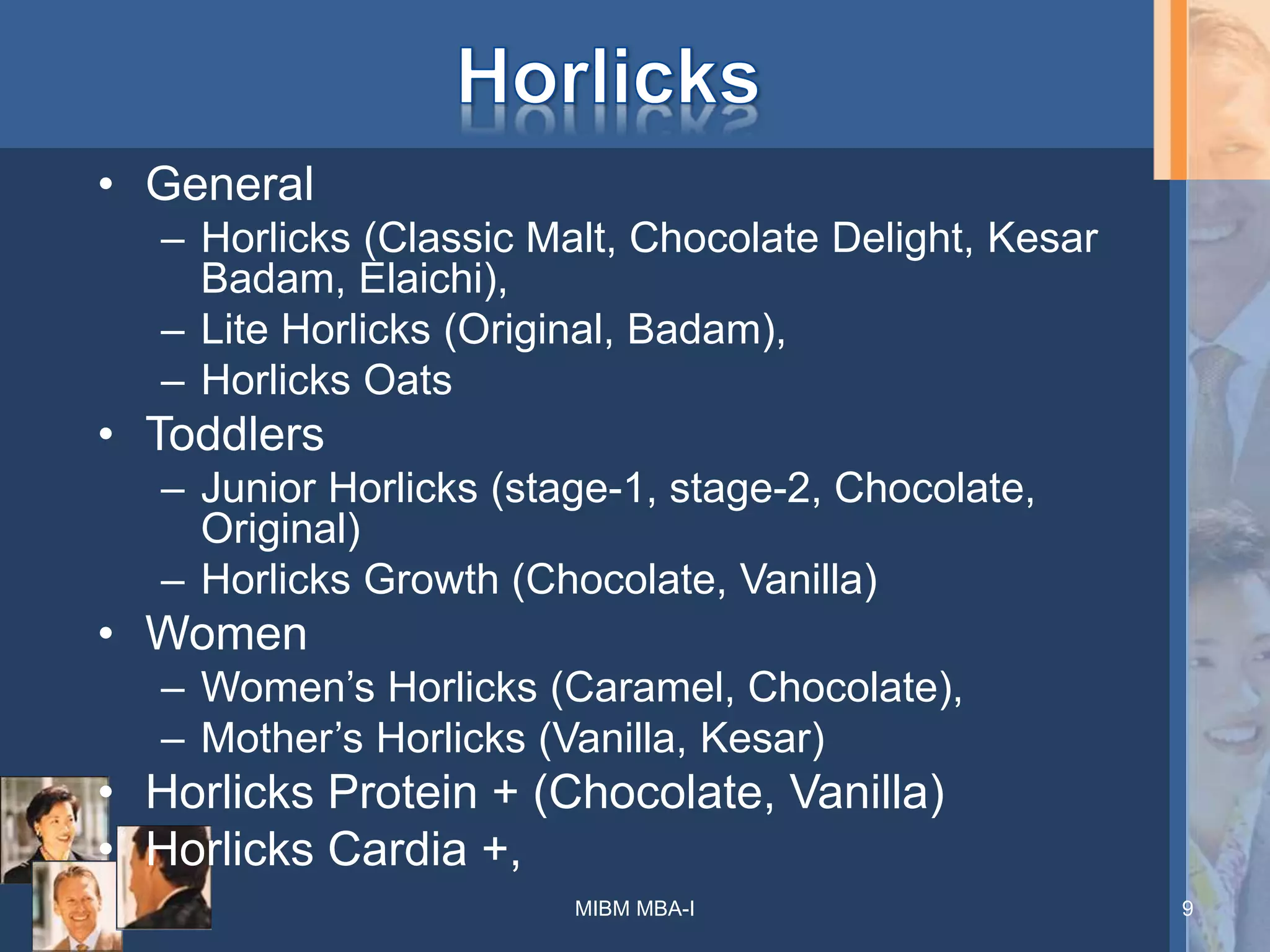 • General
– Horlicks (Classic Malt, Chocolate Delight, Kesar
Badam, Elaichi),
– Lite Horlicks (Original, Badam),
– Horlicks Oats
• Toddlers
– Junior Horlicks (stage-1, stage-2, Chocolate,
Original)
– Horlicks Growth (Chocolate, Vanilla)
• Women
– Women’s Horlicks (Caramel, Chocolate),
– Mother’s Horlicks (Vanilla, Kesar)
• Horlicks Protein + (Chocolate, Vanilla)
• Horlicks Cardia +,
MIBM MBA-I 9
 