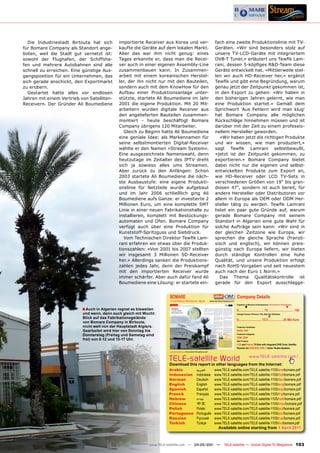 Die Industriestadt Birtouta hat sich        importierte Receiver aus Korea und ver-                                                   fach eine zweite Produktionslinie mit TV-
für Bomare Company als Standort ange-         kaufte die Geräte auf dem lokalen Markt.                                                  Geräten. «Wir sind besonders stolz auf
boten, weil die Stadt gut vernetzt ist:       Aber das war ihm nicht genug: eines                                                       unsere TV-LCD-Geräte mit integriertem
sowohl der Flughafen, der Schiffsha-          Tages erkannte er, dass man die Recei-                                                    DVB-T Tuner,» erläutert uns Tewfik Lam-
fen und mehrere Autobahnen sind alle          ver auch in einer eigenen Assembly-Line                                                   rani, dessen 5-köpfiges R&D-Team diese
schnell zu erreichen. Eine günstige Aus-      zusammenbauen kann. In Zusammen-                                                          Geräte entwickelt hat. «Mittlerweile stel-
gangsposition für ein Unternehmen, das        arbeit mit einem koreanischen Herstel-                                                    len wir auch HD-Receiver her,» ergänzt
sich gerade anschickt, den Exportmarkt        ler, der ihn nicht nur mit den Bauteilen,                                                 Tewfik und gibt eine Begründung, warum
zu erobern.                                   sondern auch mit dem KnowHow für den                                                      genau jetzt der Zeitpunkt gekommen ist,
  Gestartet hatte alles vor endlosen          Aufbau einer Produktionsanlage unter-                                                     in den Export zu gehen: «Wir haben in
Jahren mit einem Vertrieb von Satelliten-     stützte, startete Ali Boumediene im Jahr                                                  den bisherigen Jahren gelernt, wie man
Receivern. Der Gründer Ali Boumediene         2001 die eigene Produktion. Mit 20 Mit-                                                   eine Produktion startet.» Gemäß dem
                                              arbeitern wurden digitale Receiver aus                                                    Sprichwort 'Aus Fehlern wird man klug'
                                              den angelieferten Bauteilen zusammen-                                                     hat Bomare Company alle möglichen
                                              montiert - heute beschäftigt Bomare                                                       Rückschläge hinnehmen müssen und ist
                                              Company übrigens 120 Mitarbeiter.                                                         darüber mit der Zeit zu einem professio-
                                                 Gleich zu Beginn hatte Ali Boumediene                                                  nellem Hersteller geworden.
                                              eine geniale Idee: als Markennamen für                                                       «Wir haben jetzt die richtigen Produkte
                                              seine selbstmontierten Digital-Receiver                                                   und wir wissen, wie man produziert,»
                                              wählte er den Namen «Stream System».                                                      sagt Tewfik Lamrani selbstbewußt,
                                              Eine ausgezeichnete Namenswahl, denn                                                      «jetzt ist der Zeitpunkt gekommen, zu
                                              heutzutage im Zeitalter des IPTV dreht                                                    exportieren.» Bomare Company bietet
                                              sich ja sowieso alles ums Streamen.                                                       dabei nicht nur die eigenen und selbst-
                                              Aber zurück zu den Anfängen: Schon                                                        entwickelten Produkte zum Export an,
                                              2003 startete Ali Boumediene die näch-                                                    wie HD-Receiver oder LCD TV-Sets in
                                              ste Ausbaustufe: eine eigene Produkti-                                                    verschiedenen Größen von 19“ bis gran-
                                              onslinie für Netzteile wurde aufgebaut                                                    diosen 47“, sondern ist auch bereit, für
                                              und im Jahr 2006 schließlich ging Ali                                                     andere Hersteller oder Distributoren vor
                                              Boumediene aufs Ganze: er investierte 2                                                   allem in Europa als OEM oder ODM Her-
                                              Millionen Euro, um eine komplette SMT                                                     steller tätig zu werden. Tewfik Lamrani
                                              Linie in einer neuen Fabrikationshalle zu                                                 listet ein paar gute Gründe auf, warum
                                              installieren, komplett mit Bestückungs-                                                   gerade Bomare Company mit seinem
                                              automaten und Ofen. Bomare Company                                                        Standort in Algerien eine gute Wahl für
                                              verfügt auch über eine Produktion für                                                     solche Aufträge sein kann: «Wir sind in
                                              Kunststoff-Spritzguss und Siebdruck.                                                      der gleichen Zeitzone wie Europa, wir
                                                 Vom Technischen Direktor Tewfik Lam-                                                   sprechen die gleiche Sprache (franzö-
                                              rani erfahren wir etwas über die Produk-                                                  sisch und englisch), wir können preis-
                                              tionszahlen: «Von 2001 bis 2007 stellten                                                  günstig nach Europa liefern, wir bieten
                                              wir insgesamt 3 Millionen SD-Receiver                                                     durch ständige Kontrollen eine hohe
                                              her.» Allerdings sanken die Produktions-                                                  Qualität, und unsere Produktion erfolgt
                                              zahlen jedes Jahr, denn der Preiskampf                                                    nach RoHS-Vorgaben und seit neuestem
                                              mit den importierten Receiver wurde                                                       auch nach der Euro 1 Norm.»
                                              immer schärfer. Aber auch dafür fand Ali                                                     Das Thema Qualitätskontrolle ist
                                              Boumediene eine Lösung: er startete ein-                                                  gerade für den Export ausschlagge-


                                                                        BOMARE                                                                              Company Details
                                                                        TV and Receiver Manufacturer, Algeria                       www.bomarecompany.com
                                                                                                                                                            Engineers in Research & Development | Total Number of Employees
                                                                                                                                                                     ▼                                                 ▼
                           ■ Auch in Algerien regnet es bisweilen                                                                                           0................................ 75 ................................ 150
                           und wenn, dann auch gleich mit Wucht:                                                                                            Average Turnover (Previous, This, Next Year Estimates)

                           Blick auf das Fabrikationsgelände                                                                                                                                    ▼
                                                                                                                                                            0............................. 12.5 ...................25 Mio €uro
                           von Bomare Company in Birtouta,
                           nicht weit von der Hauptstadt Algiers.                                                                                           Production Certiﬁcates
                           Gearbeitet wird hier von Sonntag bis                                                                                             RoHS, DVB
                           Donnerstag (Freitag und Samstag sind                                                                                             Production Categories
                                                                                                                                                            OEM, ODM
                           frei) von 8-12 und 13-17 Uhr.                                                                                                    Main Products
                                                                                                                                                            LCD and Plasma TV-Sets with integrated DVB-Tuner, Satellite
                                                                                                                                                            Receiver for DVB-S/S2, DVB-T, Home Theatre Systems
                                                                        www.TELE-satellite.com/TELE-satellite-1103/eng/bomare.pdf




                                                                        TELE-satellite World                                                                                www.TELE-satellite.com/...
                                                                        Download this report in other languages from the Internet:
                                                                        Arabic                                  ‫العربية‬                 www.TELE-satellite.com/TELE-satellite-1105/ara/bomare.pdf
                                                                        Indonesian                              Indonesia               www.TELE-satellite.com/TELE-satellite-1105/bid/bomare.pdf
                                                                        German                                  Deutsch                 www.TELE-satellite.com/TELE-satellite-1105/deu/bomare.pdf
                                                                        English                                 English                 www.TELE-satellite.com/TELE-satellite-1105/eng/bomare.pdf
                                                                        Spanish                                 Español                 www.TELE-satellite.com/TELE-satellite-1105/esp/bomare.pdf
                                                                        French                                  Français                www.TELE-satellite.com/TELE-satellite-1105/fra/bomare.pdf
                                                                        Hebrew                                  ‫עברית‬                   www.TELE-satellite.com/TELE-satellite-1105/heb/bomare.pdf
                                                                        Chinese                                 中文                      www.TELE-satellite.com/TELE-satellite-1105/man/bomare.pdf
                                                                        Polish                                  Polski                  www.TELE-satellite.com/TELE-satellite-1105/pol/bomare.pdf
                                                                        Portuguese                              Português               www.TELE-satellite.com/TELE-satellite-1105/por/bomare.pdf
                                                                        Russian	                                Русский		               www.TELE-satellite.com/TELE-satellite-1105/rus/bomare.pdf
                                                                        Turkish                                 Türkçe                  www.TELE-satellite.com/TELE-satellite-1105/tur/bomare.pdf
                                                                                                                                           Available online starting from 1 April 2011



                                                              www.TELE-satellite.com — 04-05/201 —
                                                                                               1                                                TELE-satellite — Global Digital TV Magazine                                     103
 