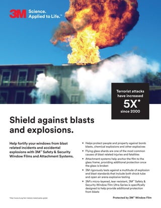 Shield against blasts
and explosions.
•	

Helps protect people and property against bomb
blasts, chemical explosions and other explosives
•	

Flying glass shards are one of the most common
causes of blast related injuries and fatalities
•	
Attachment systems help anchor the film to the
glass frame, providing additional protection once
the glass is broken
•	
3M rigorously tests against a multitude of explosion
and blast standards that include both shock tube
and open air arena explosive testing
•	
3M’s micro-layered, tear resistant, 3M™
Safety 
Security Window Film Ultra Series is specifically
designed to help provide additional protection
from blasts
Help fortify your windows from blast
related incidents and accidental
explosions with 3M™
Safety  Security
Window Films and Attachment Systems.
Terrorist attacks
have increased
since 2000
5X*
Protected by 3M™
Window Film
*http://www.iii.org/fact-statistic/catastrophes-global
 