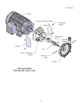 Fristam Pumps
Vista desarrollada
FPR 345, 355, 1050 y 1160
Tornillo de
guardaBrida
Abrazadera
de eje
Cuña del
impulsor
Eje
Carcaza
Tubería de
agua
Tuerca y arandela de
carcaza
Guarda
Tuerca y arandela de motor
Motor
10
 