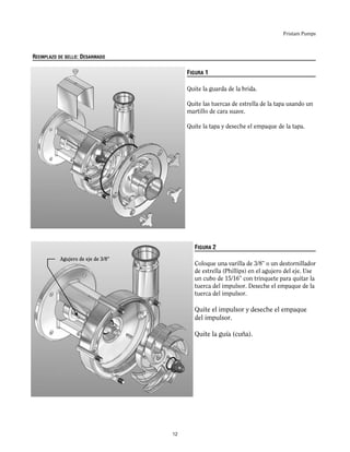 Fristam Pumps
FIGURA 1
Quite la guarda de la brida.
Quite las tuercas de estrella de la tapa usando un
martillo de cara suave.
Quite la tapa y deseche el empaque de la tapa.
REEMPLAZO DE SELLO: DESARMADO
FIGURA 2
Coloque una varilla de 3/8” o un destornillador
de estrella (Phillips) en el agujero del eje. Use
un cubo de 15/16” con trinquete para quitar la
tuerca del impulsor. Deseche el empaque de la
tuerca del impulsor.
Quite el impulsor y deseche el empaque
del impulsor.
Quite la guía (cuña).
Agujero de eje de 3/8”
12
 