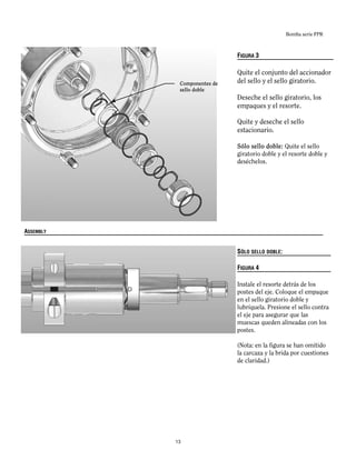 Bomba serie FPR
FIGURA 3
Quite el conjunto del accionador
del sello y el sello giratorio.
Deseche el sello giratorio, los
empaques y el resorte.
Quite y deseche el sello
estacionario.
Sólo sello doble: Quite el sello
giratorio doble y el resorte doble y
deséchelos.
ASSEMBLY
SÓLO SELLO DOBLE:
FIGURA 4
Instale el resorte detrás de los
postes del eje. Coloque el empaque
en el sello giratorio doble y
lubríquela. Presione el sello contra
el eje para asegurar que las
muescas queden alineadas con los
postes.
(Nota: en la figura se han omitido
la carcaza y la brida por cuestiones
de claridad.)
Componentes de
sello doble
13
 