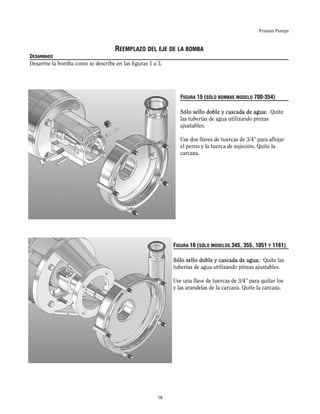 Fristam Pumps
REEMPLAZO DEL EJE DE LA BOMBA
DESARMADO
Desarme la bomba como se describe en las figuras 1 a 3.
FIGURA 15 (SÓLO BOMBAS MODELO 700-354)
Sólo sello doble y cascada de agua: Quite
las tuberías de agua utilizando pinzas
ajustables.
Use dos llaves de tuercas de 3/4” para aflojar
el perno y la tuerca de sujeción. Quite la
carcaza.
FIGURA 16 (SÓLO MODELOS 345, 355, 1051 Y 1161)
Sólo sello doble y cascada de agua: Quite las
tuberías de agua utilizando pinzas ajustables.
Use una llave de tuercas de 3/4” para quitar los
y las arandelas de la carcaza. Quite la carcaza.
18
 