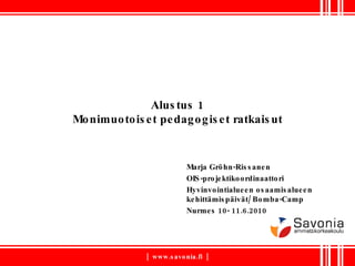 Alustus 1 Monimuotoiset pedagogiset ratkaisut Marja Gröhn-Rissanen OIS-projektikoordinaattori Hyvinvointialueen osaamisalueen kehittämispäivät/ Bomba-Camp Nurmes 10- 11.6.2010 