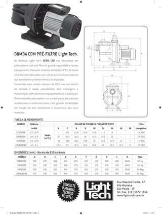 BOMBA COM PRÉ-FILTRO Light Tech.
     As Bombas Light Tech série LTB são fabricadas em
     polipropileno com pré-filtro de grande capacidade e tampa
     transparente. Possuem motores blindados IP-55 de baixo
     nível de ruído fabricados com carcaça em alumínio, eixo em
     aço inoxidável e protetor térmico incorporado.
     Fornecidas com uniões coláveis de Ø50 mm nos bocais
     de entrada e saída, possibilitam fácil montagem e
     manutenção, sem danificar o equipamento ou a tubulação.
     Dimensionadas para operar com a maior parte das piscinas
     residenciais e comerciais leves, com grande durabilidade
     em função do alto rendimento e resistência dos seus
     materiais.

     TABELA DE RENDIMENTO
         Modelo          Potência                                     VOLUME DA PISCINA EM FUNÇÃO DO TEMPO                                Filtro
                          cv/kW                       6           7     8      9      10       12         14           16          18   compatível
        LTB 370 S       1/2 - 0.37                    –       14.1    13.8   13.6     12.8     11.7        9            –          –     LTF 450
                                       Vazão
        LTB 550 S        3/4 - 0.5                    17      16.7    16.5    16      15.3     13.4       11            –          –     LTF 500
                                       (m3/h)
        LTB 750 S       1.0 - 0.75                    19      18.6    18.3    17.8    17       15.5       13.7         11          7     LTF 650
       LTB 1100 S2       1.5 - 1.1                   22.5      22     21.5   21.2     20.6     18         16.1         12.5        8     LTF 700


     Dimensões (mm) - Bocais de Ø50 coláveis
          Modelo              A        B         C            D        E        F          G          H           L            K         Peso
         LTB 370 S          550        238      160          345      225     262       170         330          205          4Ø10       8.7 kg
         LTB 550 S          550        238      160          345      225     262       170         330          205          4Ø10       9.3 kg
         LTB 750 S          550        238      160          345      225     262       170         330          205          4Ø10      10.4 kg
        LTB 1100 S2         570        238      160          345      225     262       170         330          205          4Ø10      11.9 kg


                                                                                                                  Rua Maestro Callia, 77
                                                             CONSULTE                                             Vila Mariana
                                                            O MANUAL                                              São Paulo - SP
                                                            TÉCNICO                                               Tel./Fax: (11) 5572-1554
                                                            NO SITE!                                              www.lighttech.com.br




AF lamina BOMBA PRE FILTRO LT.indd 2                                                                                                              14/10/11 11:07
 