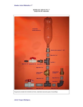 Bomba Ariete Hidráulico 1”
Javier Vargas Rodríguez.
BOMBA DE ARIETE PVC 1”
ESQUEMA DE ARMADO
Esquema de armado de la bomba de Ariete, materiales necesarios para el ensamblaje.
 