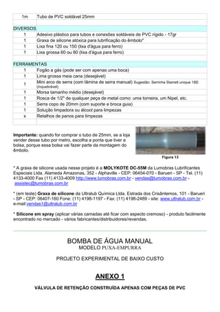 1m Tubo de PVC soldável 25mm
DIVERSOS
1 Adesivo plástico para tubos e conexões soldáveis de PVC rígido - 17gr
1 Graxa de silicone atóxica para lubrificação do êmbolo*
1 Lixa fina 120 ou 150 (lixa d'água para ferro)
1 Lixa grossa 60 ou 80 (lixa d'água para ferro)
FERRAMENTAS
1 Fogão a gás (pode ser com apenas uma boca)
1 Lima grossa meia cana (desejável)
1 Mini arco de serra (com lâmina de serra manual) Sugestão: Serrinha Starrett unique 18D
(inquebrável)
1 Morsa tamanho médio (desejável)
1 Rosca de 1/2" de qualquer peça de metal como: uma torneira, um Nipel, etc.
1 Serra copo de 20mm (com suporte e broca guia)
1 Solução limpadora ou álcool para limpezas
x Retalhos de panos para limpezas
Importante: quando for comprar o tubo de 25mm, se a loja
vender desse tubo por metro, escolha a ponta que tiver a
bolsa, porque essa bolsa vai fazer parte da montagem do
êmbolo.
Figura 13
* A graxa de silicone usada nesse projeto é a MOLYKOTE DC-55M da Lumobras Lubrificantes
Especiais Ltda. Alameda Amazonas, 352 - Alphaville - CEP: 06454-070 - Barueri - SP - Tel. (11)
4133-4000 Fax (11) 4133-4009 http://www.lumobras.com.br - vendas@lumobras.com.br -
assistec@lumobras.com.br
* (em teste) Graxa de silicone da Ultralub Química Ltda. Estrada dos Crisântemos, 101 - Barueri
- SP - CEP: 06407-160 Fone: (11) 4198-1197 - Fax: (11) 4198-2489 - site: www.ultralub.com.br -
e-mail:vendas1@ultralub.com.br
* Silicone em spray (aplicar várias camadas até ficar com aspecto cremoso) - produto facilmente
encontrado no mercado - vários fabricantes/distribuidores/revendas.
BOMBA DE ÁGUA MANUAL
MODELO PUXA-EMPURRA
PROJETO EXPERIMENTAL DE BAIXO CUSTO
ANEXO 1
VÁLVULA DE RETENÇÃO CONSTRUÍDA APENAS COM PEÇAS DE PVC
 