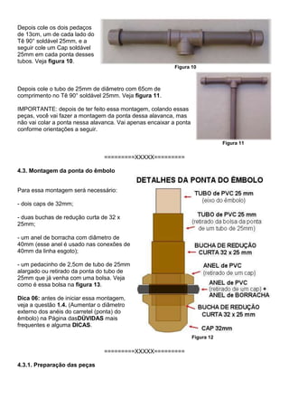 Depois cole os dois pedaços
de 13cm, um de cada lado do
Tê 90° soldável 25mm, e a
seguir cole um Cap soldável
25mm em cada ponta desses
tubos. Veja figura 10.
Figura 10
Depois cole o tubo de 25mm de diâmetro com 65cm de
comprimento no Tê 90° soldável 25mm. Veja figura 11.
IMPORTANTE: depois de ter feito essa montagem, colando essas
peças, você vai fazer a montagem da ponta dessa alavanca, mas
não vai colar a ponta nessa alavanca. Vai apenas encaixar a ponta
conforme orientações a seguir.
Figura 11
=========XXXXX=========
4.3. Montagem da ponta do êmbolo
Para essa montagem será necessário:
- dois caps de 32mm;
- duas buchas de redução curta de 32 x
25mm;
- um anel de borracha com diâmetro de
40mm (esse anel é usado nas conexões de
40mm da linha esgoto);
- um pedacinho de 2,5cm de tubo de 25mm
alargado ou retirado da ponta do tubo de
25mm que já venha com uma bolsa. Veja
como é essa bolsa na figura 13.
Dica 06: antes de iniciar essa montagem,
veja a questão 1.4. (Aumentar o diâmetro
externo dos anéis do carretel (ponta) do
êmbolo) na Página dasDÚVIDAS mais
frequentes e alguma DICAS.
Figura 12
=========XXXXX=========
4.3.1. Preparação das peças
 