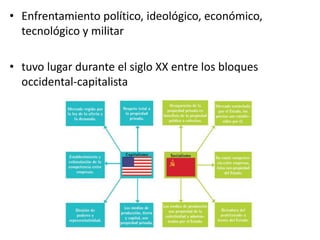 • Enfrentamiento político, ideológico, económico,
tecnológico y militar
• tuvo lugar durante el siglo XX entre los bloques
occidental-capitalista
 