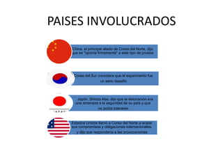 PAISES INVOLUCRADOS
China, el principal aliado de Corea del Norte, dijo
que se "oponía firmemente" a este tipo de prueba
Corea del Sur considera que el experimento fue
un serio desafío
Japón, Shinzo Abe, dijo que la detonación era
una amenaza a la seguridad de su país y que
no podía tolerarse.
Estados Unidos llamó a Corea del Norte a acatar
sus compromisos y obligaciones internacionales,
y dijo que respondería a las provocaciones
 