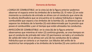 Elemento de Bombeo
oCARGA DE COMBUSTIBLE: en la vista (a) de la figura anterior podemos
observar el espacio entre los émbolos de la bomba (3). El rotor (2) en este
momento su conducto de entrada se alinea con el conducto que viene de
la válvula dosificadora que se encuentra en la cabeza hidráulica e ingresa
combustible que separa a los émbolos de la bomba (3). La distancia que se
separan los émbolos de la bomba (3) está determinado por la presión que
posee el combustible y por el tiempo que están alineados los conductos.
oINYECCIÓN DE COMBUSTIBLE: en la vista (b) de la figura anterior
observamos que mientras el rotor (2) continúa girando, se crea tiempos en
que el conducto de entrada del rotor (2) permanece cerrado y el conducto
de salida del rotor (2) se alinea con uno de los conductos de la cabeza
hidráulica que se conecta a un inyector. Los lóbulos del anillo de la
excéntrica han empujado a los émbolos de la bomba (3) uno contra el otro
 