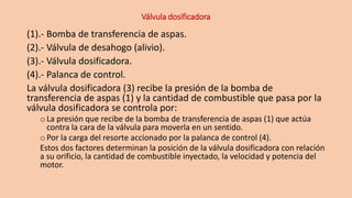 Válvula dosificadora
(1).- Bomba de transferencia de aspas.
(2).- Válvula de desahogo (alivio).
(3).- Válvula dosificadora.
(4).- Palanca de control.
La válvula dosificadora (3) recibe la presión de la bomba de
transferencia de aspas (1) y la cantidad de combustible que pasa por la
válvula dosificadora se controla por:
oLa presión que recibe de la bomba de transferencia de aspas (1) que actúa
contra la cara de la válvula para moverla en un sentido.
oPor la carga del resorte accionado por la palanca de control (4).
Estos dos factores determinan la posición de la válvula dosificadora con relación
a su orificio, la cantidad de combustible inyectado, la velocidad y potencia del
motor.
 