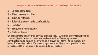 Diagrama del sistema de combustible con bomba tipo distribuidor
1).- Bomba elevadora.
2).- Filtro de combustible.
3).- Tubo de retorno.
4).- Solenoide de corte de combustible.
5).- Inyector.
6).- Tanque de combustible.
7).- Sedimentador.
En el diagrama anterior la bomba elevadora (1) succiona el combustible del
tanque (6) y lo envía a través del sedimentador (7) entregando el
combustible a la bomba de inyección a través del filtro (2). La bomba de
inyección realiza la función de entregar combustible a alta presión a los
inyectores (5) en el orden de encendido del motor.
 