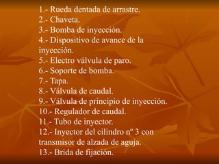1.- Rueda dentada de arrastre.
2.- Chaveta.
3.- Bomba de inyección.
4.- Dispositivo de avance de la
inyección.
5.- Electro válvula de paro.
6.- Soporte de bomba.
7.- Tapa.
8.- Válvula de caudal.
9.- Válvula de principio de inyección.
10.- Regulador de caudal.
11.- Tubo de inyector.
12.- Inyector del cilindro nº 3 con
transmisor de alzada de aguja.
13.- Brida de fijación.
 