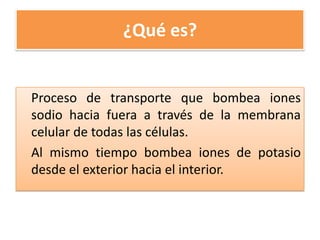 ¿Qué es?
Proceso de transporte que bombea iones
sodio hacia fuera a través de la membrana
celular de todas las células.
Al mismo tiempo bombea iones de potasio
desde el exterior hacia el interior.
 
