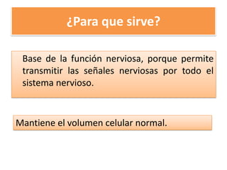 ¿Para que sirve?
Base de la función nerviosa, porque permite
transmitir las señales nerviosas por todo el
sistema nervioso.
Mantiene el volumen celular normal.
 