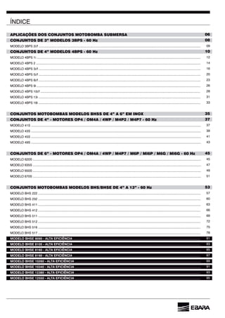 4
ÍNDICE
APLICAÇÕES DOS CONJUNTOS MOTOBOMBA SUBMERSA
CONJUNTOS DE 3” MODELOS 3BPS - 60 Hz
MODELO 3BPS 2i/f ........................................................................................................................................................................................
CONJUNTOS DE 4” MODELOS 4BPS - 60 Hz
MODELO 4BPS 1i ..........................................................................................................................................................................................
MODELO 4BPS 2 ...........................................................................................................................................................................................
MODELO 4BPS 3i/f .......................................................................................................................................................................................
MODELO 4BPS 5i/f ........................................................................................................................................................................................
MODELO 4BPS 8i/f ........................................................................................................................................................................................
MODELO 4BPS 9i ..........................................................................................................................................................................................
MODELO 4BPS 10i/f .....................................................................................................................................................................................
MODELO 4BPS 13i ........................................................................................................................................................................................
MODELO 4BPS 18i ........................................................................................................................................................................................
CONJUNTOS MOTOBOMBAS MODELOS BHSS DE 4” A 6” EM INOX
CONJUNTOS DE 4” - MOTORES OP4 / OM4A / 4WP / M4P2 / M4P7 - 60 Hz
MODELO 41S .................................................................................................................................................................................................
MODELO 43S .................................................................................................................................................................................................
MODELO 45S .................................................................................................................................................................................................
MODELO 49S .................................................................................................................................................................................................
CONJUNTOS DE 6” - MOTORES OP4 / OM4A / 4WP / M4P7 / M6P / Mi6P / M6G / Mi6G - 60 Hz
MODELO 620S ...............................................................................................................................................................................................
MODELO 635S ...............................................................................................................................................................................................
MODELO 650S ...............................................................................................................................................................................................
MODELO 670S ...............................................................................................................................................................................................
CONJUNTOS MOTOBOMBAS MODELOS BHS/BHSE DE 4” A 13” - 60 Hz
MODELO BHS 222 ........................................................................................................................................................................................
MODELO BHS 232 ........................................................................................................................................................................................
MODELO BHS 411 ........................................................................................................................................................................................
MODELO BHS 412 ........................................................................................................................................................................................
MODELO BHS 511 ........................................................................................................................................................................................
MODELO BHS 512 ........................................................................................................................................................................................
MODELO BHS 516 ........................................................................................................................................................................................
MODELO BHS 517 ........................................................................................................................................................................................
MODELO BHSE 8090 - ALTA EFICIÊNCIA ................................................................................................................................................
MODELO BHSE 8105 - ALTA EFICIÊNCIA ................................................................................................................................................
MODELO BHSE 8160 - ALTA EFICIÊNCIA ................................................................................................................................................
MODELO BHSE 8190 - ALTA EFICIÊNCIA ................................................................................................................................................
MODELO BHSE 10260 - ALTA EFICIÊNCIA ..............................................................................................................................................
MODELO BHSE 10340 - ALTA EFICIÊNCIA ..............................................................................................................................................
MODELO BHSE 12380 - ALTA EFICIÊNCIA ..............................................................................................................................................
MODELO BHSE 12550 - ALTA EFICIÊNCIA ..............................................................................................................................................
06
08
09
10
12
14
16
20
23
26
28
31
33
35
37
37
39
41
43
45
45
47
49
51
59
53
57
60
63
66
69
72
75
78
81
83
85
87
89
91
93
95
 