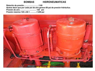 Relación de presión……………………1:60
Quiere decir que por cada psi de aire genera 60 psi de presión hidráulica.
Presión de aire……………………… 120 psi
Presión máxima 120 x 60 = …….....7,200 psi
BOMBAS HIDRONEUMATICAS
 