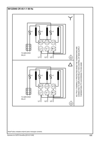 Impresso do CAPS Grundfos [2014.01.045]
Nota!Todas unidades em[mm] salvo indicação contrária.
96122946 CR 45-1-1 60 Hz
L3L2L1
+T +T+T
TO AMPLIFIER
RELAY
IECTP211THERMALLYPROTECTEDWHENTHETHERMISTORSARE
CONNECTEDTOAMPLIFIERRELAYFORCONTROLOFMAINSUPPLY
THERMISTORSPTCACCORDINGTODIN44082
TO AMPLIFIER
RELAY
+T +T+T
L1 L2 L3
6/6
 