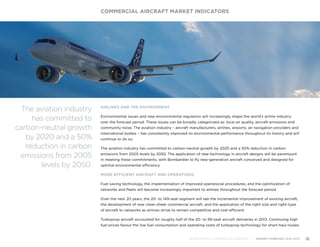 AIRLINES AND THE ENVIRONMENT
Environmental issues and new environmental regulation will increasingly shape the world’s airline industry
over the forecast period. These issues can be broadly categorized as: local air quality, aircraft emissions and
community noise. The aviation industry – aircraft manufacturers, airlines, airports, air navigation providers and
international bodies – has consistently improved its environmental performance throughout its history and will
continue to do so.
The aviation industry has committed to carbon-neutral growth by 2020 and a 50% reduction in carbon
emissions from 2005 levels by 2050. The application of new technology in aircraft designs will be paramount
in meeting these commitments, with Bombardier to fly new-generation aircraft conceived and designed for
optimal environmental efficiency.
MORE EFFICIENT AIRCRAFT AND OPERATIONS
Fuel saving technology, the implementation of improved operational procedures, and the optimization of
networks and fleets will become increasingly important to airlines throughout the forecast period.
Over the next 20 years, the 20- to 149-seat segment will see the incremental improvement of existing aircraft,
the development of new clean-sheet commercial aircraft, and the application of the right-size and right-type
of aircraft to networks as airlines strive to remain competitive and cost-efficient.
Turboprop aircraft accounted for roughly half of the 20- to 99-seat aircraft deliveries in 2013. Continuing high
fuel prices favour the low fuel consumption and operating costs of turboprop technology for short-haul routes.
COMMERCIAL AIRCRAFT MARKET INDICATORS
BOMBARDIER COMMERCIAL AIRCRAFT | MARKET FORECAST 2014-2033 18
The aviation industry
has committed to
carbon-neutral growth
by 2020 and a 50%
reduction in carbon
emissions from 2005
levels by 2050.
 