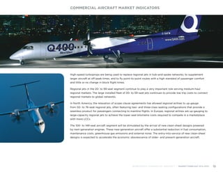 High-speed turboprops are being used to replace regional jets in hub-and-spoke networks, to supplement
larger aircraft at off-peak times, and to fly point-to-point routes with a high standard of passenger comfort
and little or no change in block flight times.
Regional jets in the 20- to 99-seat segment continue to play a very important role serving medium-haul
regional markets. The large installed fleet of 20- to 59-seat jets continues to provide low trip costs to connect
regional markets to global networks.
In North America, the relaxation of scope clause agreements has allowed regional airlines to up-gauge
from 50- to 76-seat regional jets, often featuring two- and three-class seating configurations that provide a
seamless product for passengers connecting to mainline flights. In Europe, regional airlines are up-gauging to
large-capacity regional jets to achieve the lower seat-kilometre costs required to compete in a marketplace
with more LCCs.
The 100- to 149-seat aircraft segment will be stimulated by the arrival of new clean-sheet designs powered
by next-generation engines. These new-generation aircraft offer a substantial reduction in fuel consumption,
maintenance costs, greenhouse gas emissions and external noise. The entry-into-service of new clean-sheet
designs is expected to accelerate the economic obsolescence of older- and present-generation aircraft.
COMMERCIAL AIRCRAFT MARKET INDICATORS
BOMBARDIER COMMERCIAL AIRCRAFT | MARKET FORECAST 2014-2033 19
 