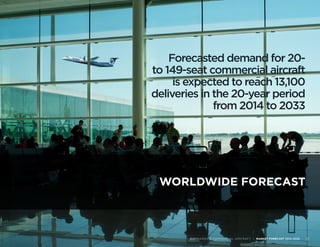 WORLDWIDE FORECAST
BOMBARDIER COMMERCIAL AIRCRAFT | MARKET FORECAST 2014-2033 21
Forecasted demand for 20-
to 149-seat commercial aircraft
is expected to reach 13,100
deliveries in the 20-year period
from 2014 to 2033
 
