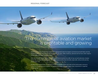 REGIONAL FORECAST
BOMBARDIER COMMERCIAL AIRCRAFT | MARKET FORECAST 2014-2033 30
North America and Europe have historically represented both the largest commercial aircraft fleets and the
largest markets for new aircraft. During the next 20 years, 58% of delivery demand will be from other regions
where traffic demand is growing faster.
Over the forecast period, North America is expected to account for 28% of new aircraft deliveries, Greater
China 17%, Europe 14%, Asia Pacific 11%, Latin America 8.4%, the CIS 6.3%, India 5.8%, Africa 5.3% and the
Middle East 4.1%.
Building from a small base, the growth of fleets in Greater China and India will be particularly strong as
a result of strong economic growth, an expanding middle class and large-scale investments in regional
infrastructure.
The commercial aviation market
is profitable and growing
 