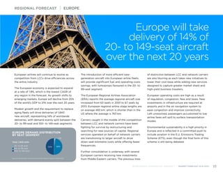 EUROPE DEMAND DISTRIBUTION
BY SEAT SEGMENT
Source: Bombardier Commercial Aircraft Market Forecast 2014-2033
Total: 1,840 units
20- to 59-seat
60- to 99-seat
100- to 149-seat
48%50%
2%
European airlines will continue to evolve as
competition from LCCs drive efficiencies across
the entire industry.
The European economy is expected to expand
at a rate of 1.8%, which is the lowest CAGR of
any region in the forecast. As growth shifts to
emerging markets, Europe will decline from 25%
of the world’s GDP to 21% over the next 20 years.
Modest growth and the requirement to replace
aging fleets will drive deliveries of 1,840
new aircraft, representing 14% of worldwide
deliveries, with demand evenly split between the
20- to 99-seat and 100- to 149-seat segments.
The introduction of more efficient new-
generation aircraft into European airline fleets
will provide significant fuel and operating costs
savings, with turboprops favoured in the 20- to
99-seat segment.
The European Regional Airlines Association
(ERA) reports the average regional aircraft size
increased from 63 seats in 2001 to 67 seats by
2013. European regional airline stage lengths are
on average 483 km, which is shorter than in the
US where the average is 763 km.
Carriers caught in the middle of the competition
between LCC and network carriers have been
fighting for survival by restructuring and
searching for new sources of capital. Regional
services operated on behalf of network carriers
are transitioning to larger aircraft to drive
down seat-kilometre costs while offering fewer
frequencies.
Further consolidation is underway with several
European carriers receiving new investments
from Middle Eastern carriers. The previous lines
of distinction between LCC and network carriers
are also blurring as each takes new initiatives to
lower their cost base while adding new services
designed to capture greater market share and
high-yield business travelers.
European operating costs are high as a result
of regulation, congestion, fees and taxes. New
investments in infrastructure are required at
airports and in the air navigation system to
ease congestion and improve connectivity. 	
Left unresolved, passengers accustomed to low
airline fares will spill to surface transportation
modes.
Environmental sustainability is a high priority in
Europe and is reflected in a committed push to
include aviation in the E.U. Emissions Trading
Scheme (ETS), even though the final form of this
scheme is still being debated.
REGIONAL FORECAST | EUROPE
BOMBARDIER COMMERCIAL AIRCRAFT | MARKET FORECAST 2014-2033 33
Europe will take
delivery of 14% of
20- to 149-seat aircraft
over the next 20 years
 