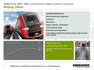 INNOVIA ART 200 advanced rapid transit system
Beijing, China

                                                  SYSTEM DESCRIPTION
                                                  28 km double-track alignment
                                                  4 stations
                                                  40 vehicles




                                                                                                                © Bombardier Inc. or its subsidiaries. All rights reserved.
                                                  Design capacity: 4,500 pphpd
                                                  3.5% maximum grade




                                                                                                                          PRIVATE AND CONFIDENTIAL
                                                  Third rail power distribution
                                                  Links Beijing Capital International Airport with the city’s
                                                  metro system




 SYSTEM ALIGNMENT                                 PROJECT DETAILS
                                                  Entered revenue service: 2008
                                                  Opened in time for the 2008 Summer
                                                  Olympics




13    INNOVIA is a trademark of Bombardier Inc. or its subsidiaries.
 